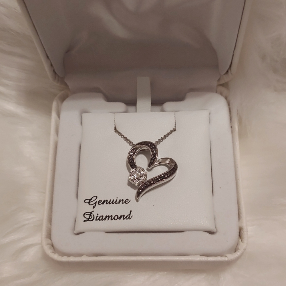 White&Black Diamond/Sterling Silver Heart Necklace